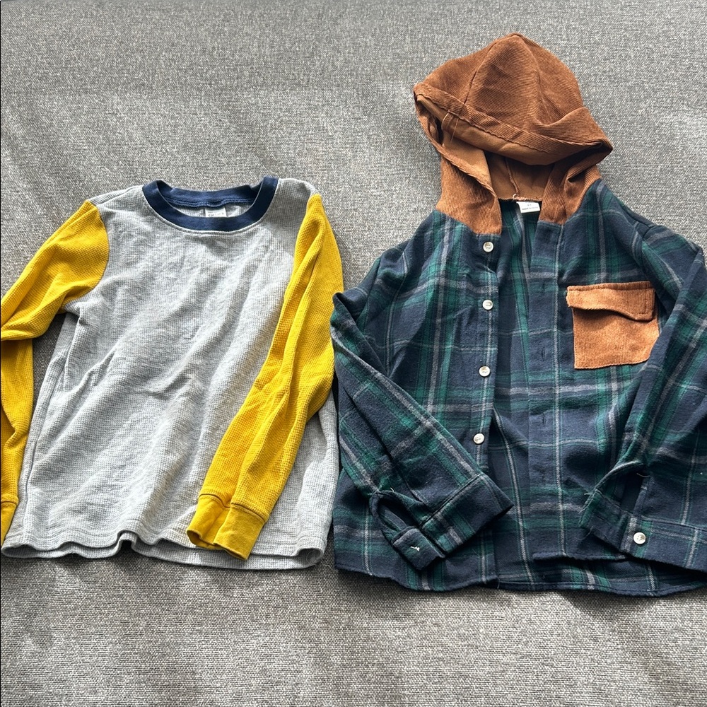 Plaid Hooded Shirt and Gray Long Sleeve Tee Set